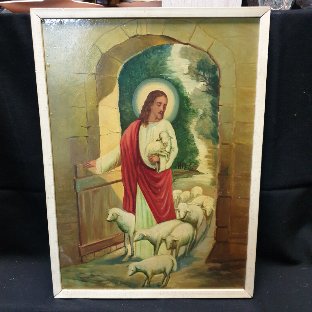 Картина "Иисус с ягнятами", художник Ю.Н. Арбузов (1939-2011), размеры 42х57см масло/фанера. Картинка 1